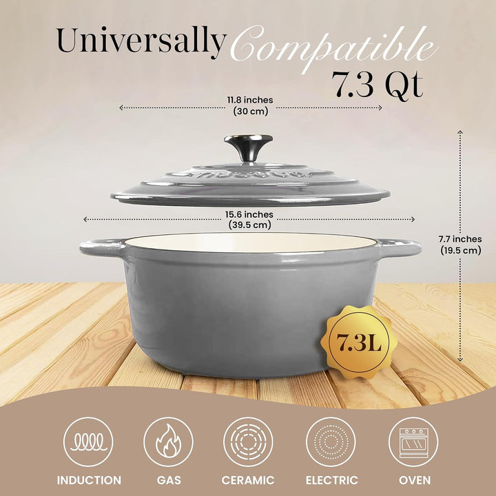 Gusseisen Dutch Oven mit Deckel – Emaille-Schmortopf mit Antihaft, Ofenfest – Grau, 6.9 Liter, 30 cm