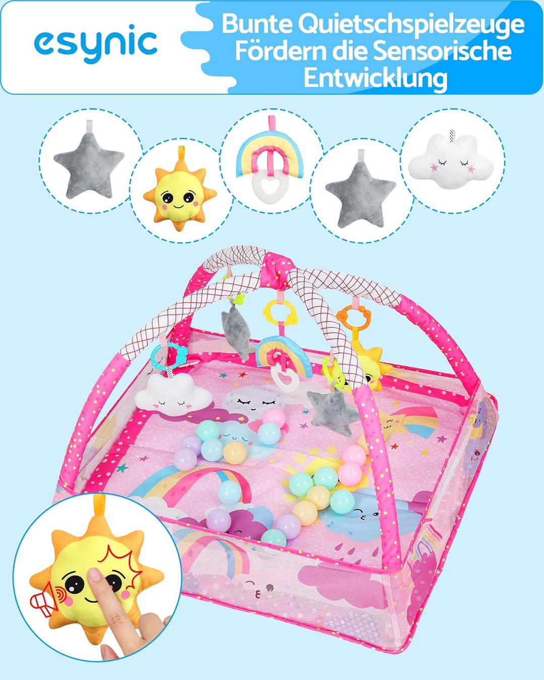 eSynic Babygym Spieldecke Krabbeldecke mit Spielbogen & Netz 7-in-1 Baby Play Mat für Bauchzeit mit