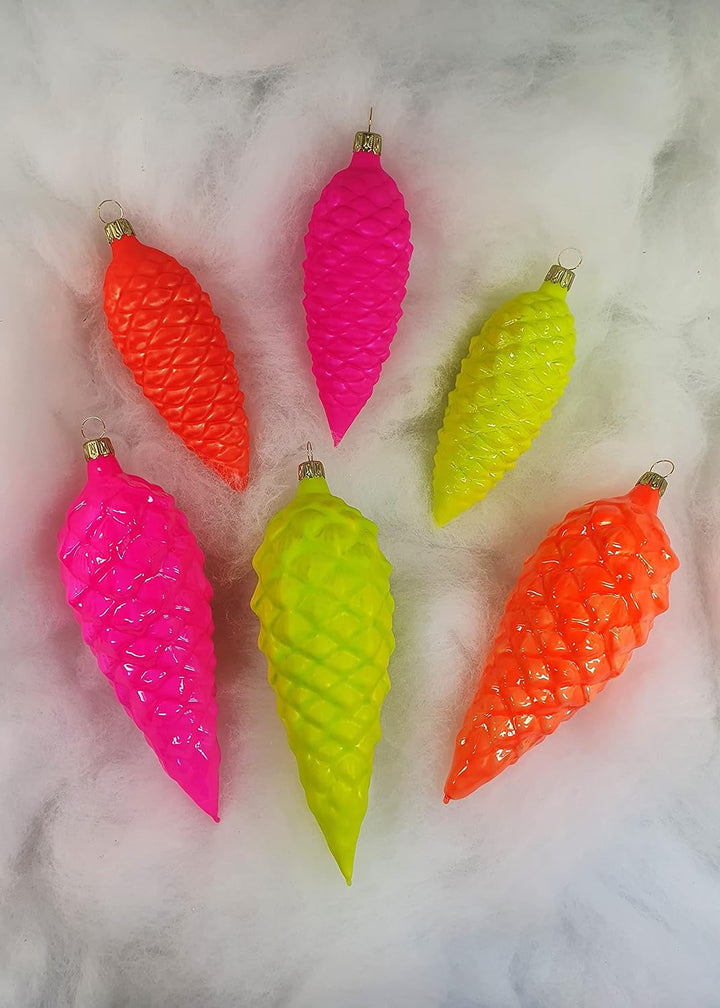 Thüringer Christbaumschmuck Exclusiv NEON Zapfen 12+16cm Handarbeit Germany 6er Set Pink Orange Gelb
