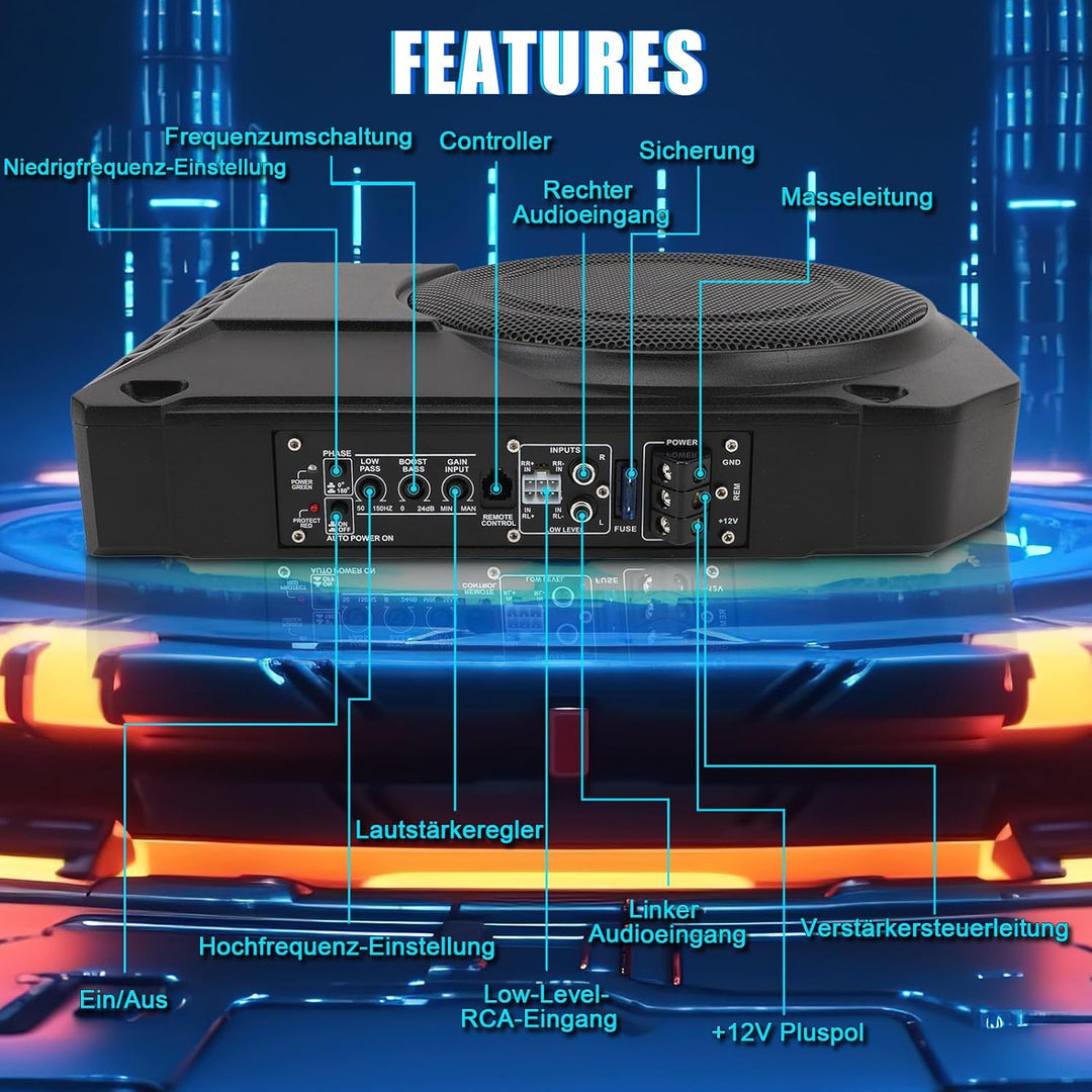 10 Zoll Aktiv Subwoofer, Ultra Dünn 800W 2.5 Ohm, Unter Sitz für Fahrzeug Sound-System, mit Controll