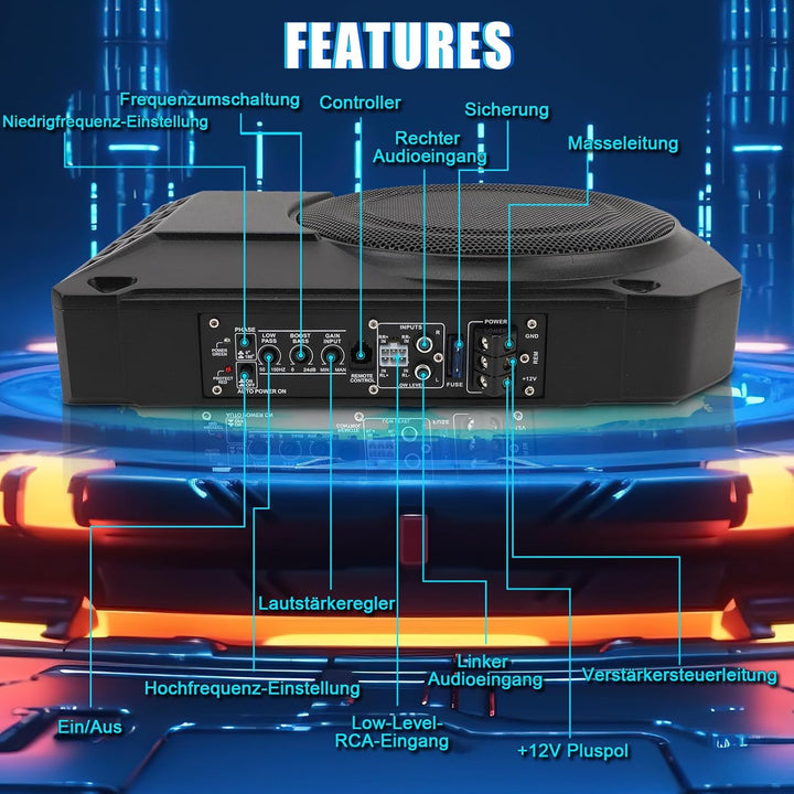 10 Zoll Aktiv Subwoofer, Ultra Dünn 800W 2.5 Ohm, Unter Sitz für Fahrzeug Sound-System, mit Controll