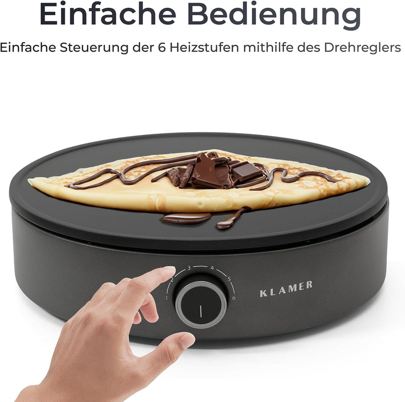 KLAMER Crepes Maker, Grosse Backfläche mit 33cm Ø, antihaftbeschichtete Platte, inkl. Teigverteiler