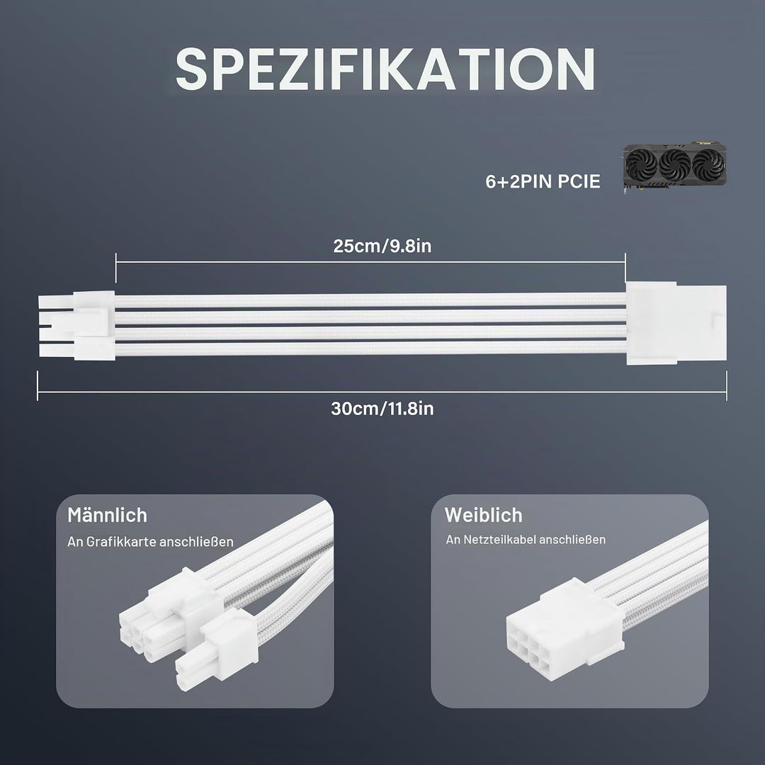 Verlängerungskabel-Adapter ATX 8-polig auf ATX 8-polig (6+2) Stecker, Weiss, für PC Build, High-End-