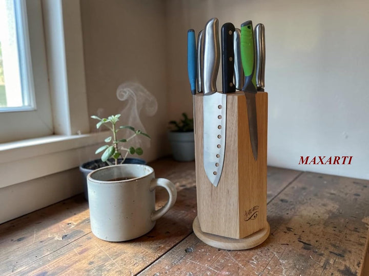 360° Drehbarer Magnetischer Messerblock Magnetisch Messerhalter aus Buchen holz mit starken Magneten