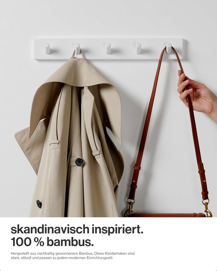 LARHN Garderobenhaken Weiss - Garderobenleiste Weiss mit 5 Haken - 43 cm - Kleiderhaken Wand - Wandg