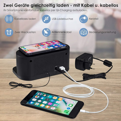 PEDEA FM Radiowecker mit induktiver QI-Ladefunktion und dimmbarem Display, Snooze, Dual Alarm und Sl