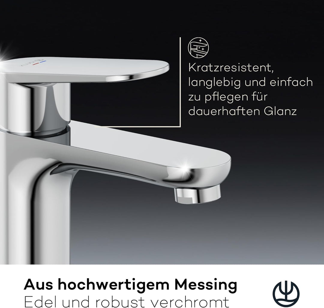 KLUDI-X1 Waschtischarmatur, Auslaufhöhe 95 mm, wassersparender Wasserhahn Bad Grösse M, Keramikkartu
