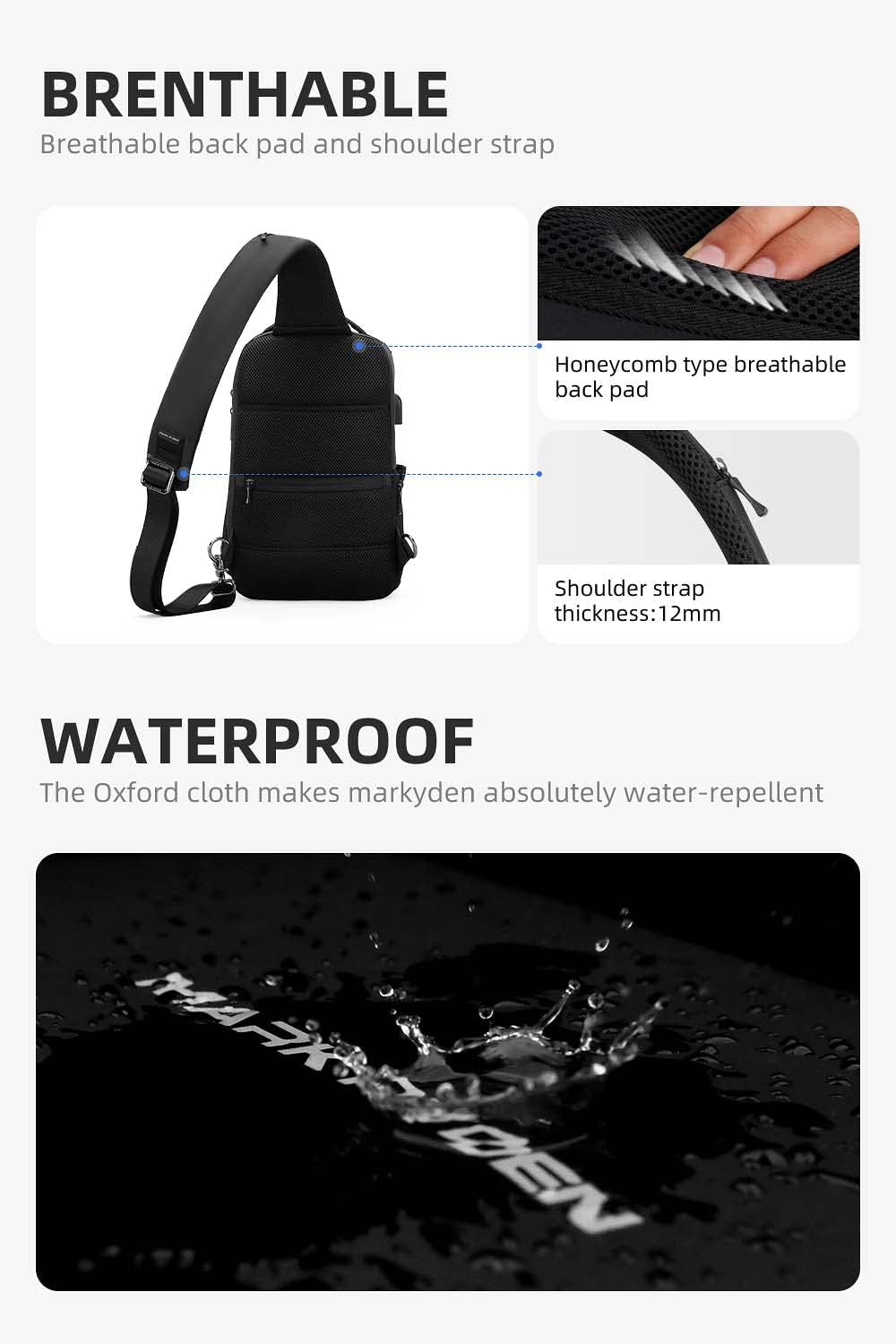 MARK RYDEN Schultertasche wasserdicht Large Shoulder Chest Crossbody-Tasche Leichter, lässiger Tages