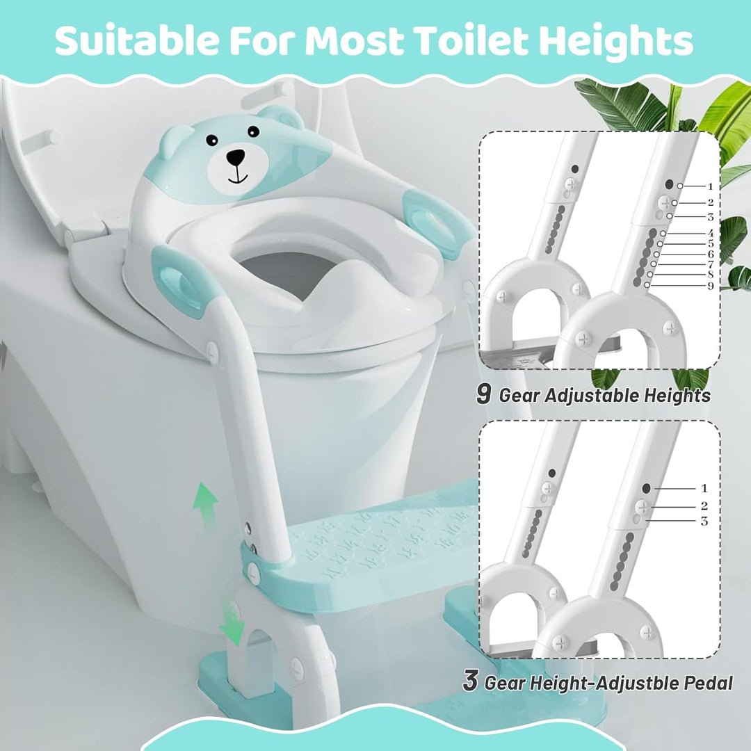 8-fach höhenverstellbarer 2-in-1 Toilettensitz Kinder mit Treppe, Klappbarer Tritthocker mit Spritzs