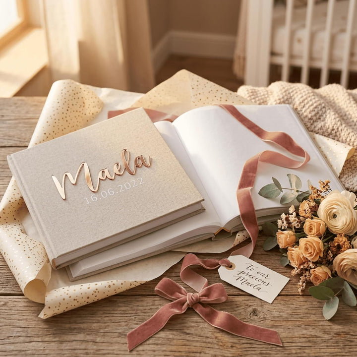 Personalisiertes Baby Fotoalbum &amp; Gästebuch – Mein erstes Jahr – Datum - Leinen Album mit Name aus A