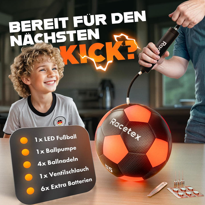 Racetex leuchtender Fussball - Wasserfester LED Fussball mit umfangreichem Zubehör – Fussball Leucht
