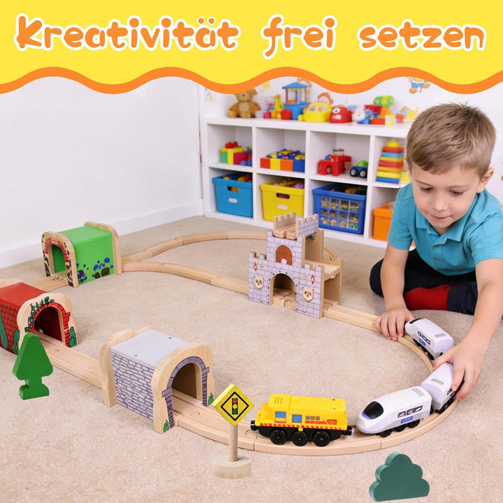 Holzeisenbahn Roter Tunnel Set mit 2 Kurzen Geraden, Holzeisenbahn Zubehör kompatibel mit führenden