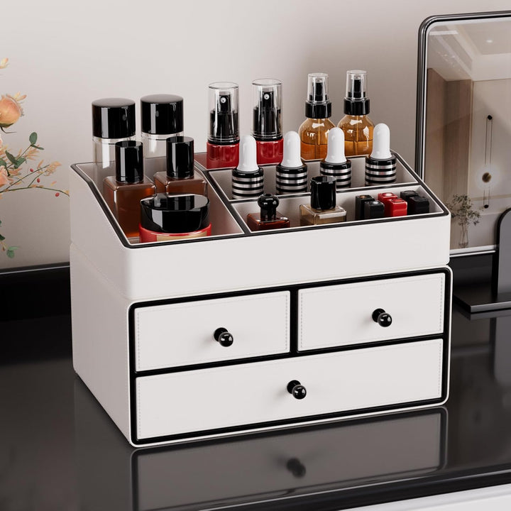 GORESE Make Up Kosmetik Organizer,2-Stöckig 3-Schubladen Leder schminktisch organizer Beauty Aufbewa