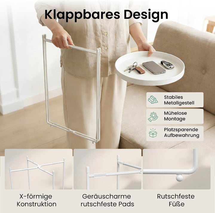 Mai &amp; Mai Beistelltisch rund Ø37×H51 cm, Couchtisch klein Weiss | Balkontisch mit abnehmbarem Tablet