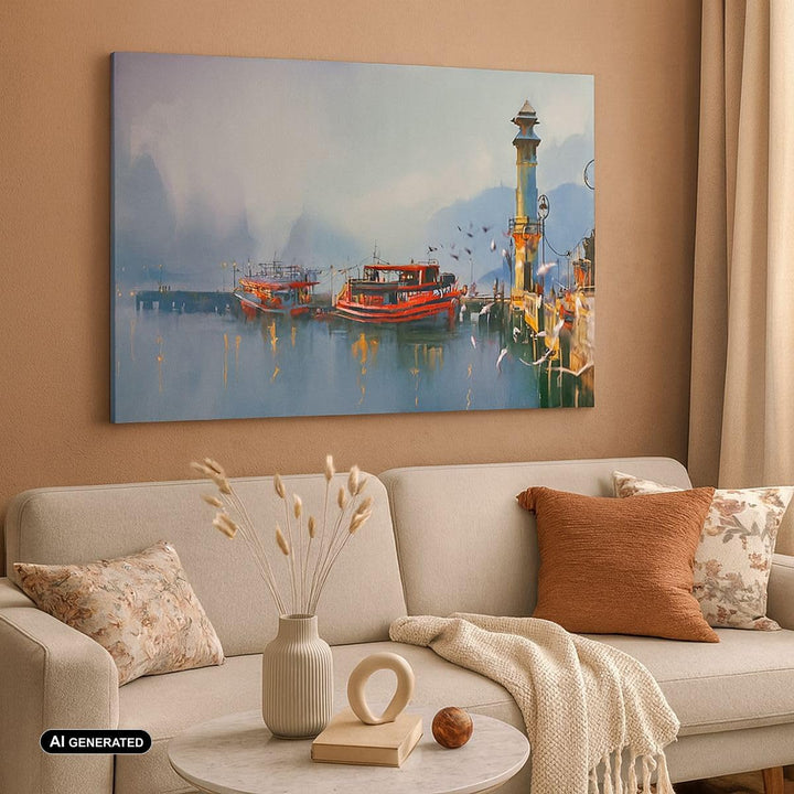 Bilder auf Leinwand 100x70cm Leinwandbild mit Rahmen Hafen Laterne Boot Gross Wanddeko Bild Schlafzi
