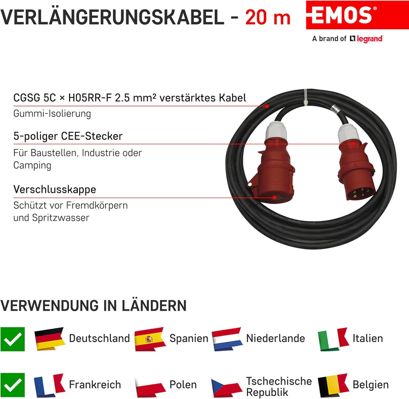 CEE-Verlängerungskabel 5-polig Stecker / 20m / 5X 16 A / 400V / 3 Phasen / 2,5 mm / IP44 / schwarz