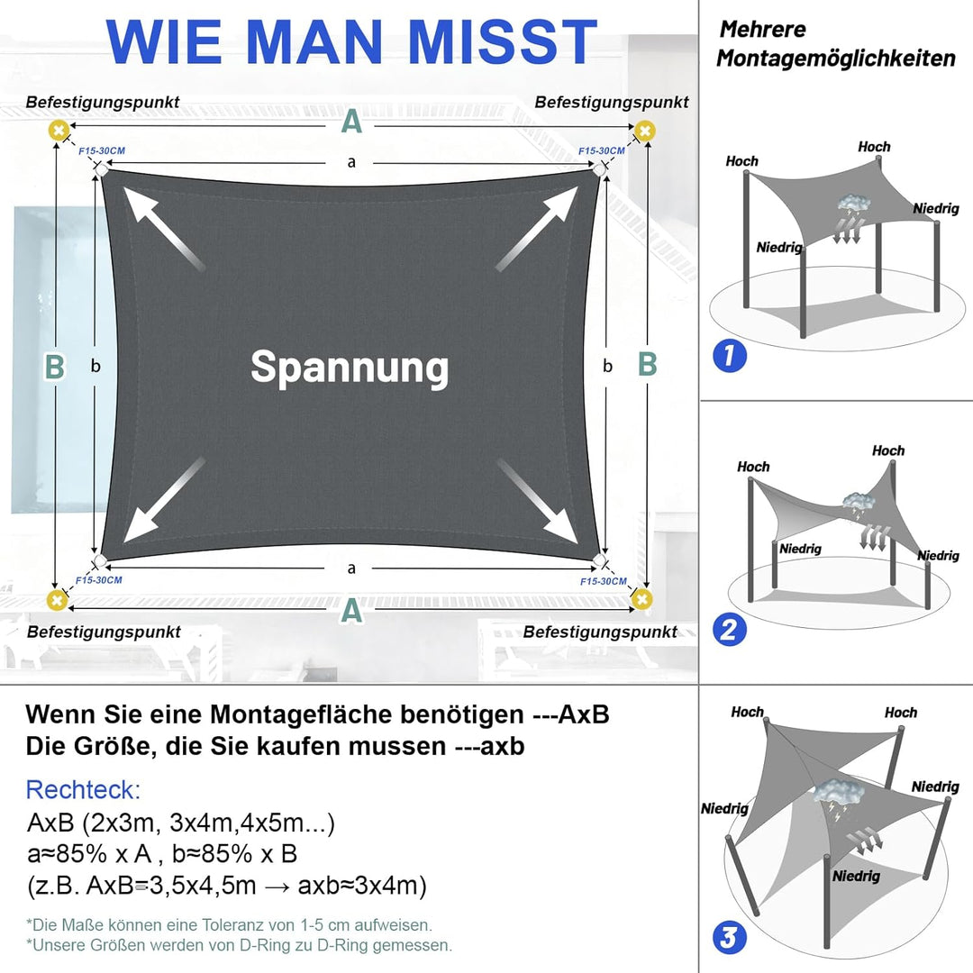 LOVE STORY Sonnensegel Wasserdicht 3x4m Rechteckig PES Polyester Sonnenschutz Windschutz Balkon Terr
