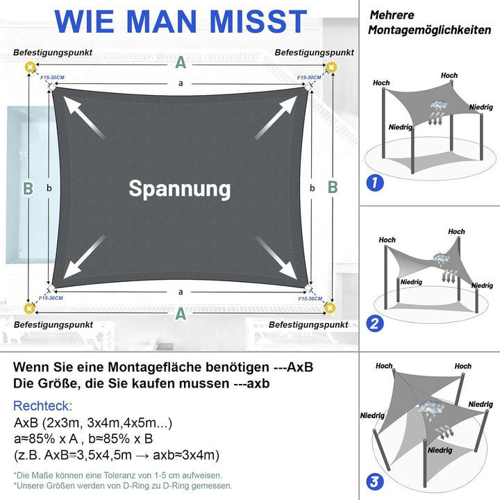 LOVE STORY Sonnensegel Wasserdicht 3x4m Rechteckig PES Polyester Sonnenschutz Windschutz Balkon Terr