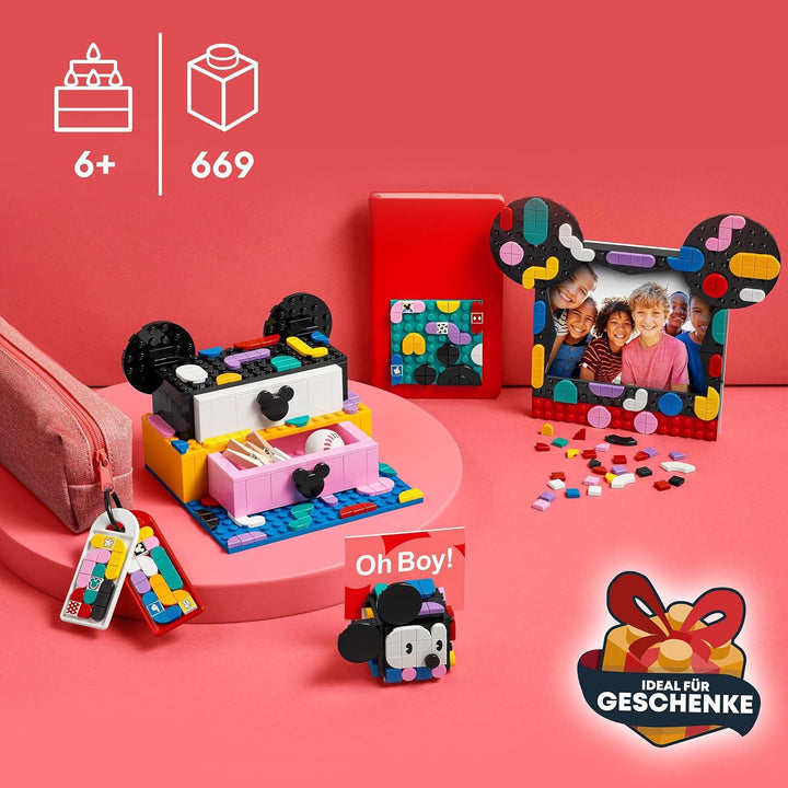 LEGO 41964 DOTS Micky & Minnie Kreativbox zum Schulanfang, 6-in-1 Bastelset mit Taschenanhängern, Au