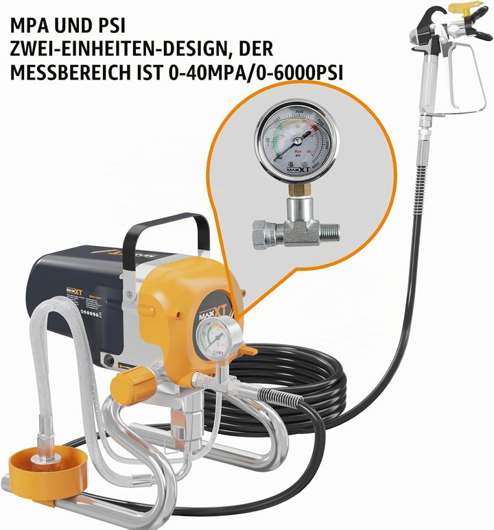 MAXXT Airless-Farbspritzgerät | 226 bar Hochdruck | 1200W | Max. Durchfluss 1,6 l/min | 7,5 m Hochdr