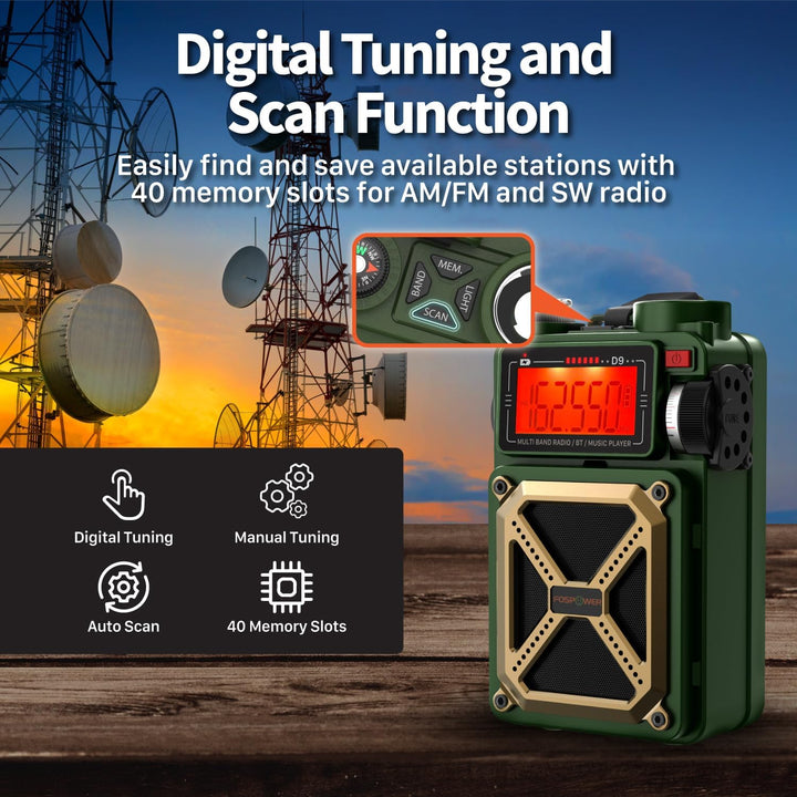 FosPower Solar Crank Radio Model D9 with LCD, Flashlight AM/FM/WB and Bank d'power Supply 4,000 mAh