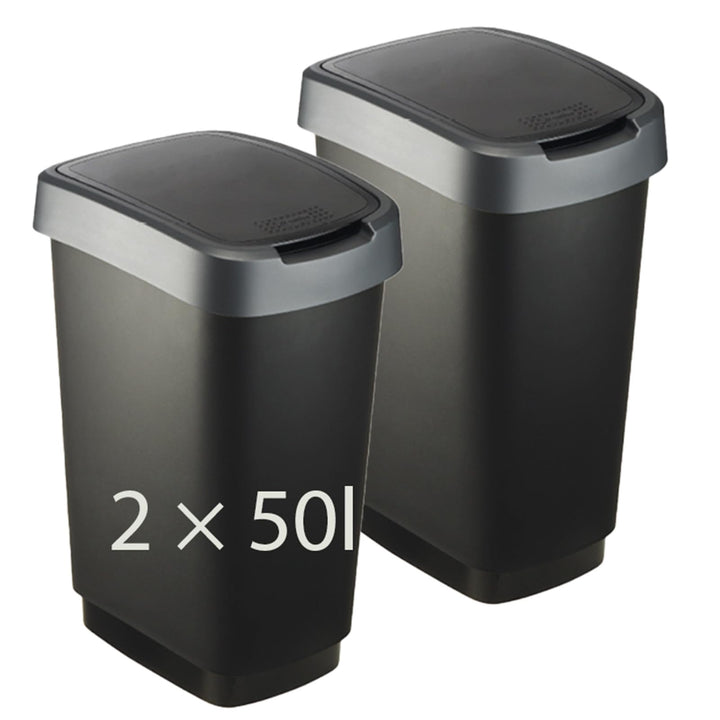 Rotho Twist 2er-Set Mülleimer mit Deckel (Anthrazit/Silber, 2x50l) Anthrazit/Silber 2x50l, Anthrazit