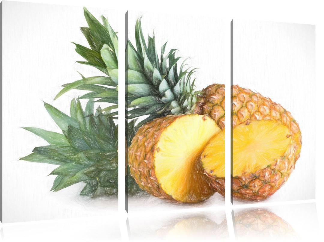 Pixxprint Frische Ananas Bunstift Effekt 3-Teiler Leinwandbild 120x80 Bild auf Leinwand