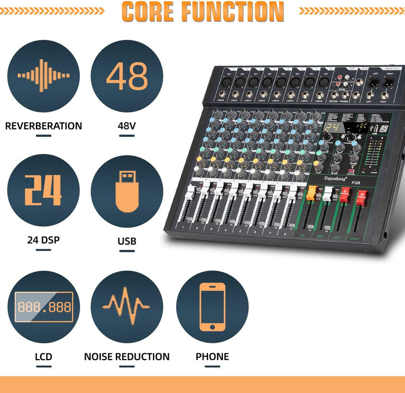 Depusheng FG8 Professioneller 8-Kanal-Audio-Mixer für Computeraufnahmen, Sound-Controller-Schnittste