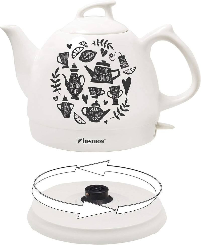 Bestron Wasserkocher im Retro Design, 0,8 Liter, Ca. 1800 Watt, Keramik, Aufdruck: Tea Party Tea Par