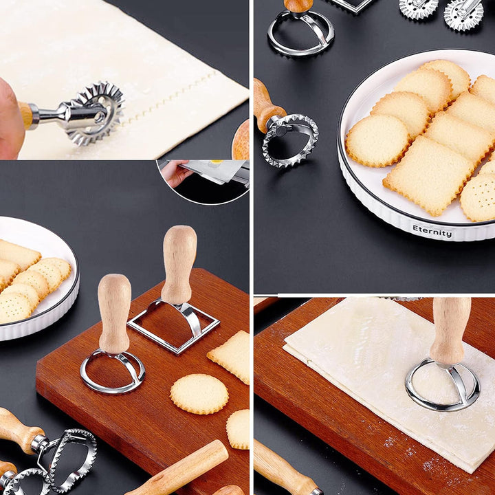 Ravioli Maker Stamper Cutter mit Roller Wheel Set, Pasta Maker Form mit Holzgriff und geriffeltem Ra