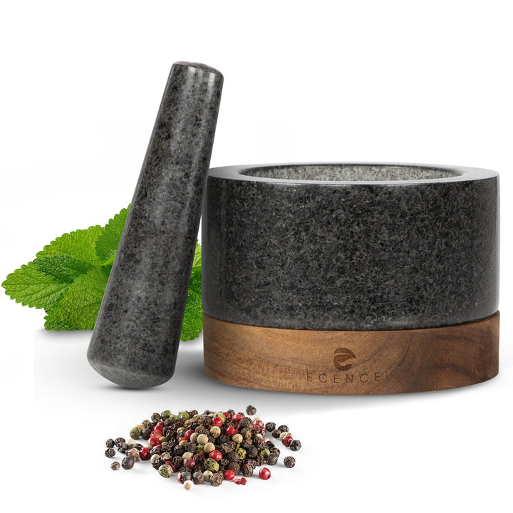 ECENCE Mörser mit Stössel Set aus Granit & Holz Ø11cm Küchenmörser Gewürzmörser massiv für perfektes