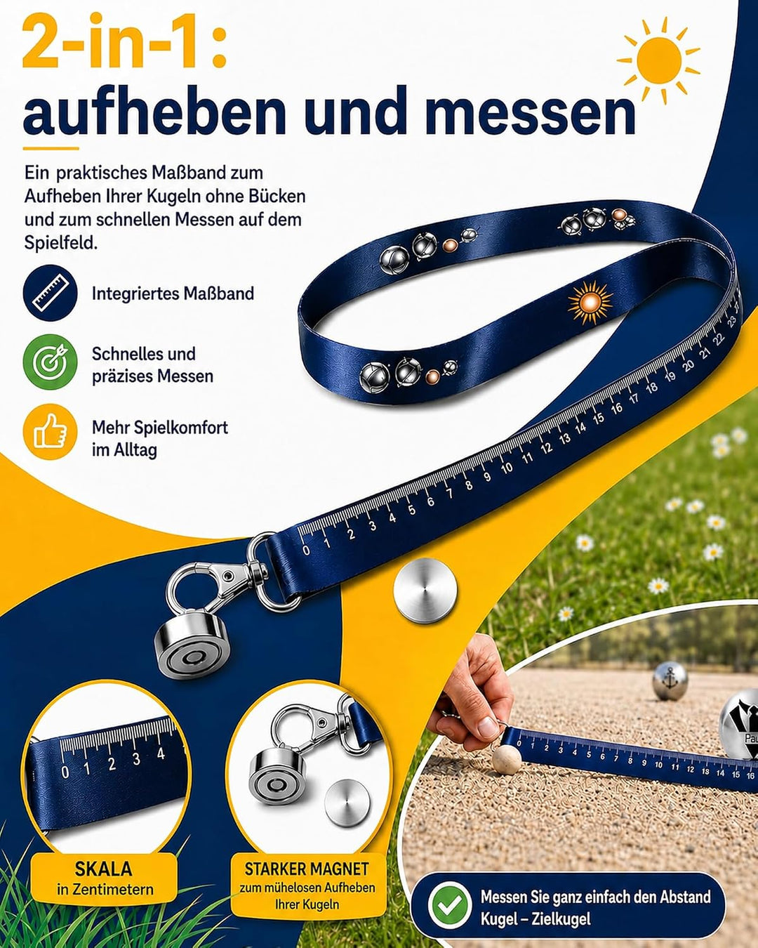 Pétanque-Kugeln, magnetisch, mit Magnet 2,5 cm und Schutzscheibe, Petanque, Zubehör, Riemen 65 cm, m