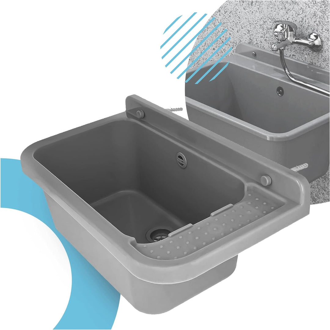 Waschbecken mit Regal 60 x 34 x 21 cm Grau | Spülbecken Ausgussbecken Waschtrog Becken Ablage Überla