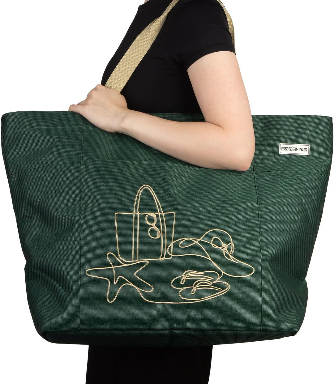 anndora XXL Shopper GREEN - Strandtasche 40 Liter Schultertasche Einkaufstasche dunkelgrün bestickt,