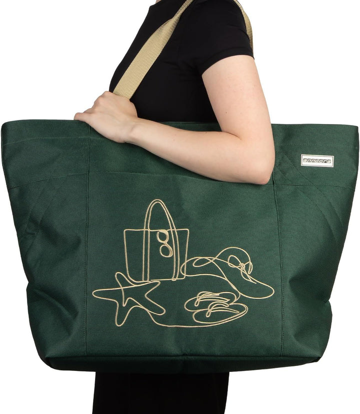 anndora XXL Shopper GREEN - Strandtasche 40 Liter Schultertasche Einkaufstasche dunkelgrün bestickt,