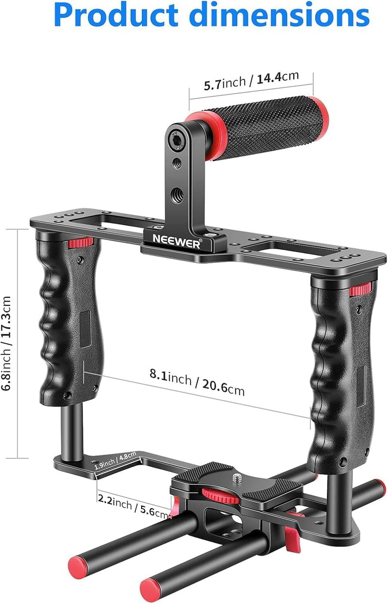 NEEWER Kamera Videokäfig aus Aluminiumlegierung, mit oberem Griff, Zwei Handgriffen, Zwei 15mm Stang