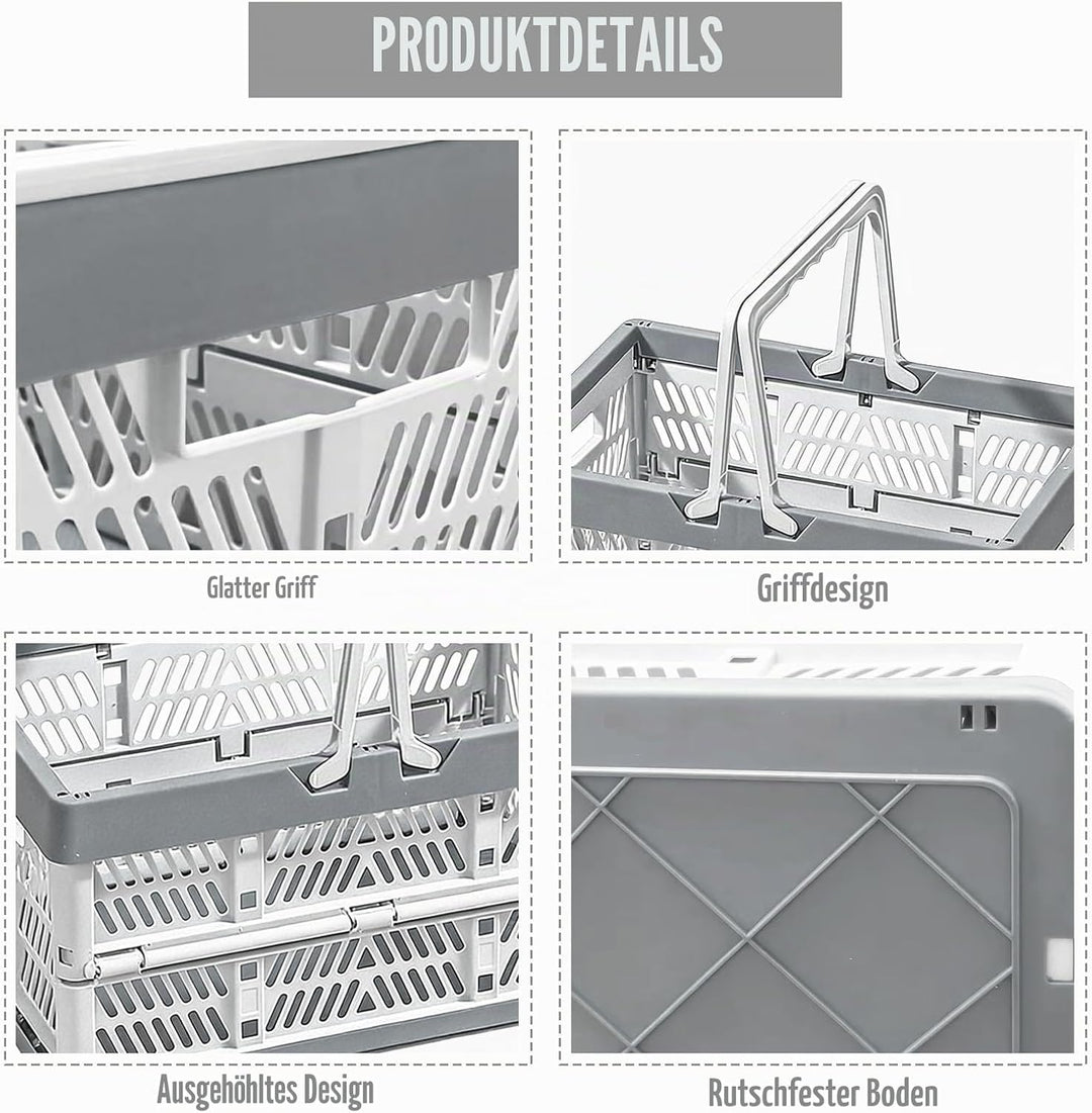 Klappkorb Faltbar, 2er Set Klappbox Klein mit Henkel 19 L Grau, Multifunktionaler Aufbewahrungskorb