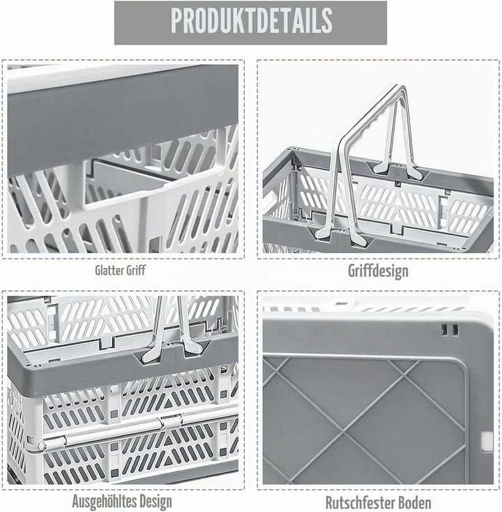 Klappkorb Faltbar, 2er Set Klappbox Klein mit Henkel 19 L Grau, Multifunktionaler Aufbewahrungskorb