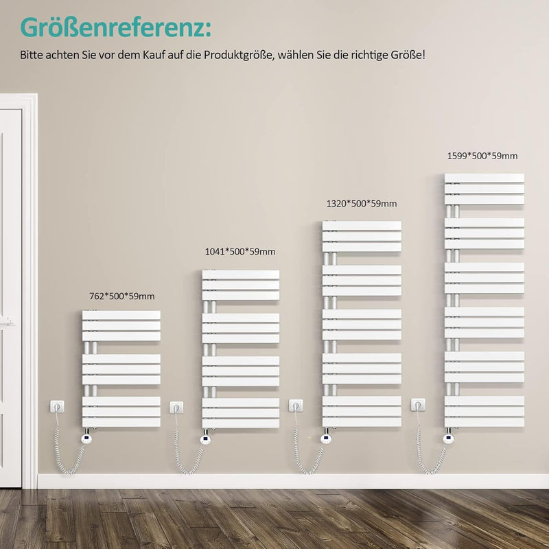 EMKE Badheizkörper Elektrisch 1320x600 mm, Handtuchheizkörper Elektrisch mit Thermostat Gebogen Hand