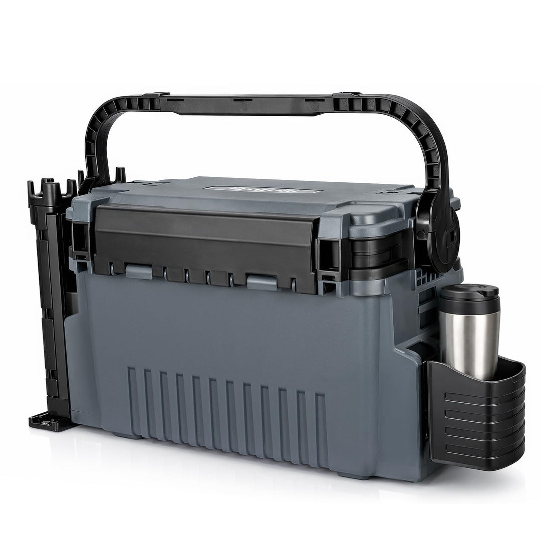 2-stöckig Gross Angelkoffer Tackle Box mit Rutenhalter & Becherhalter, klappbarem Tragegriff, 43×23×