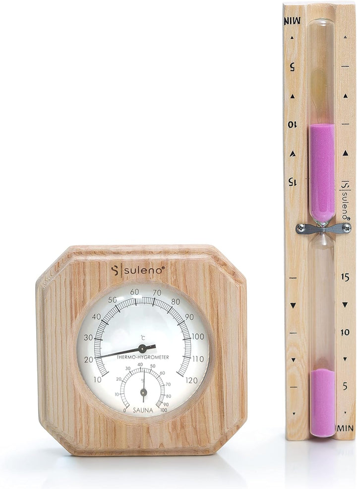 SULENO - Sauna Set KJELL 2 | 9-teilig - Saunakübel, Saunakelle, Klimamesser 2in1, Sanduhr, Saunadüft
