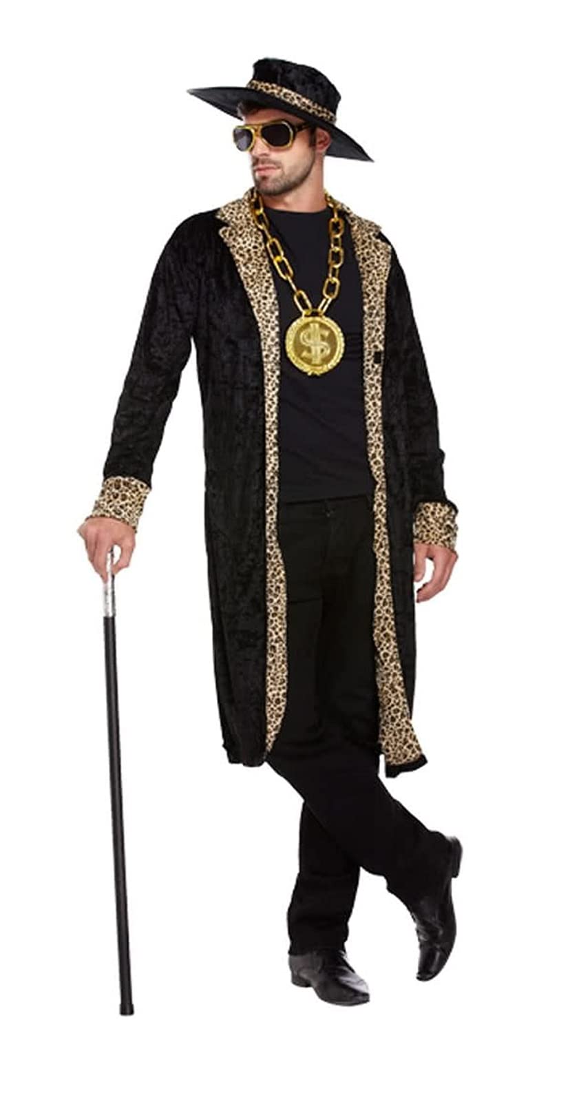 MIMIKRY Herren-Kostüm Zuhälter Pimp Mantel Hut Kette Schwarz mit Leopardenmuster Gr. M/L Lude Rapper