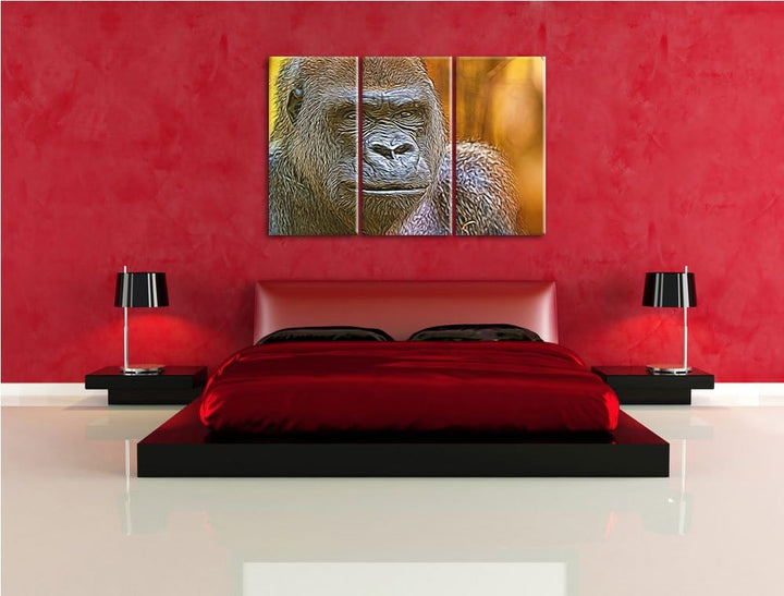 stolzer Gorilla NewArt 3-Teiler Leinwandbild 120x80 Bild auf Leinwand, XXL riesige Bilder fertig ger