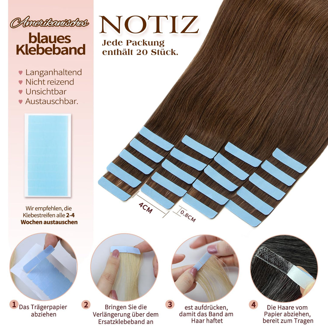 Tape in Extensions Echthaar, 24 Zoll 20pcs 50g, Invisible Tape Ins, Dünn & Komfortabel für Alltag &