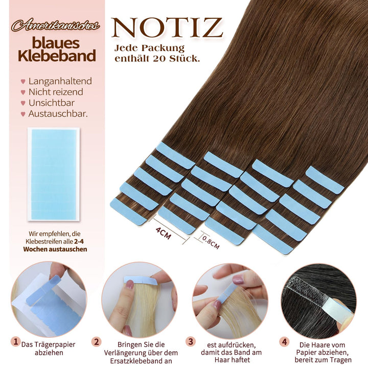 Tape in Extensions Echthaar, 24 Zoll 20pcs 50g, Invisible Tape Ins, Dünn & Komfortabel für Alltag &