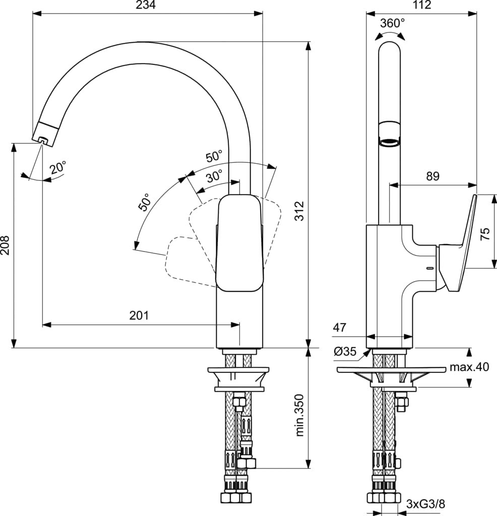 Ideal Standard BD335AA Ceraplan Küchenarmatur Niederdruck hoher Auslauf ohne Handbrause Niederdruck,