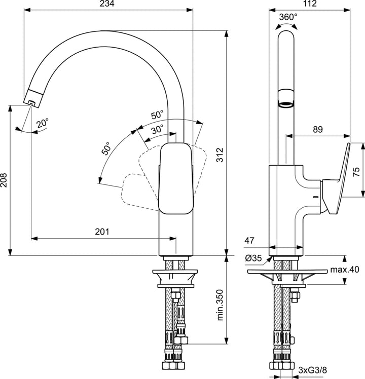 Ideal Standard BD335AA Ceraplan Küchenarmatur Niederdruck hoher Auslauf ohne Handbrause Niederdruck,