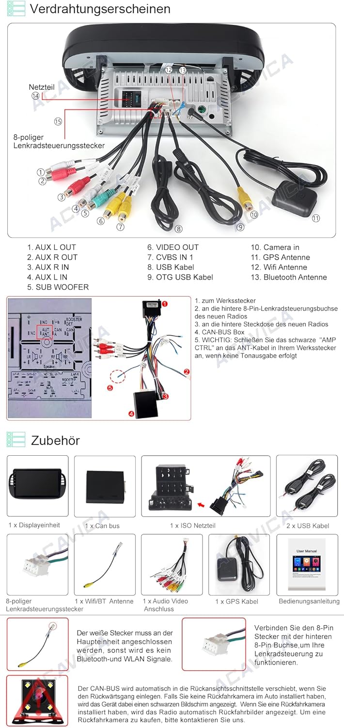 ACAVICA Android 12 Autoradio für FIAT 500 500C 2007-2015 9 Zoll Radio mit GPS Navigation Wireless Ca