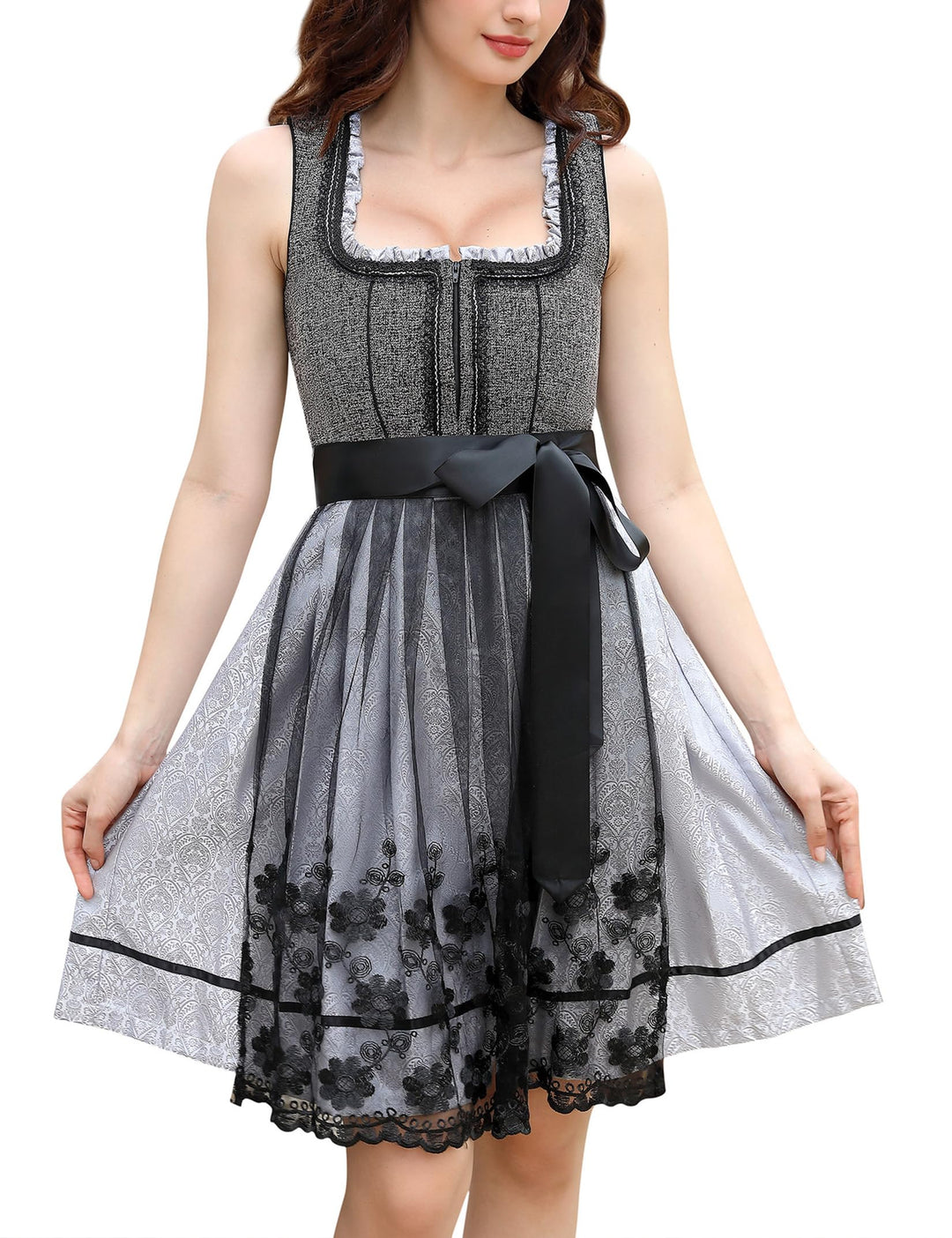 KOJOOIN Damen Dirndl 2tlg. Midi Trachtenkleid Kurz Dirndlkleid(High-End) mit Dirndlschürze für Oktob