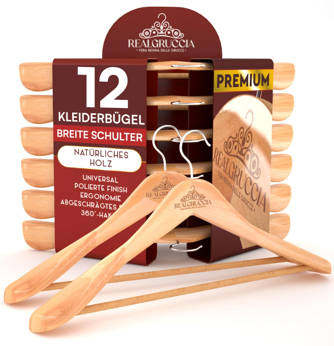 12 Kleiderbügel aus Holz Breite Schulter Holzbügel Farbe Naturholz Hosensteg Mäntel Hemden - RealGru